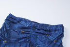 Backless cowl neck metal chain denim print ruched mini skirt set