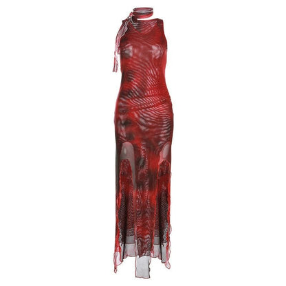 Ärmelloses Midikleid aus transparentem Netzstoff mit Kontrastdruck und Schlitz