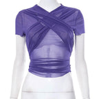 Sheer mesh see through cross front short sleeve solid self tie top