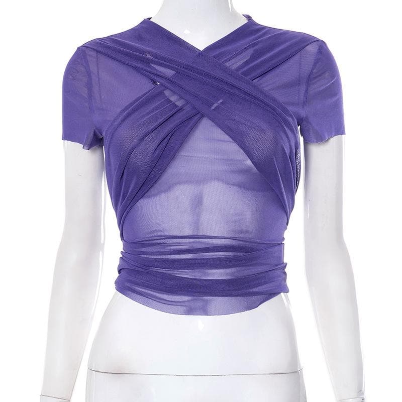 Sheer mesh see through cross front short sleeve solid self tie top