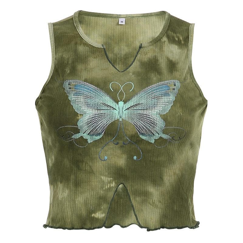 Ribbed tie dye butterfly pattern sleeveless notch neck ruffle crop top