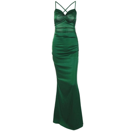 Rückenfreies, einfarbiges Maxikleid aus Satin mit gekreuzten Trägern und Rüschen