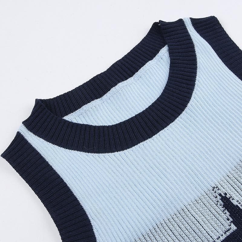 Ribbed star pattern contrast sleeveless crewneck crop top