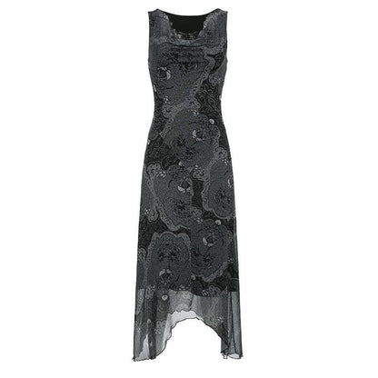 Ärmelloses Maxikleid mit geschlitztem Wasserfallausschnitt und kontrastierenden Rüschen aus Netzstoff 