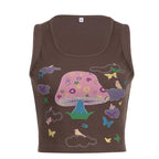 Butterfly pattern u neck contrast sleeveless crop top