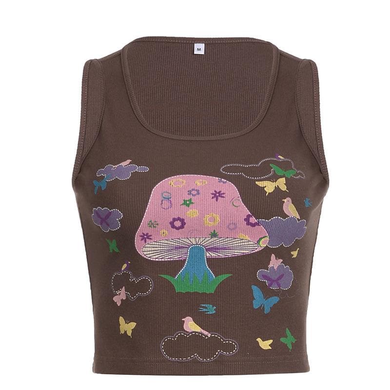 Butterfly pattern u neck contrast sleeveless crop top