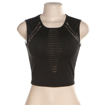 Hollow out solid sleeveless round neck crop top