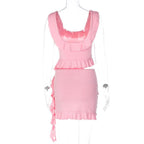 Ruffle u neck sleeveless backless solid irregular mini skirt set