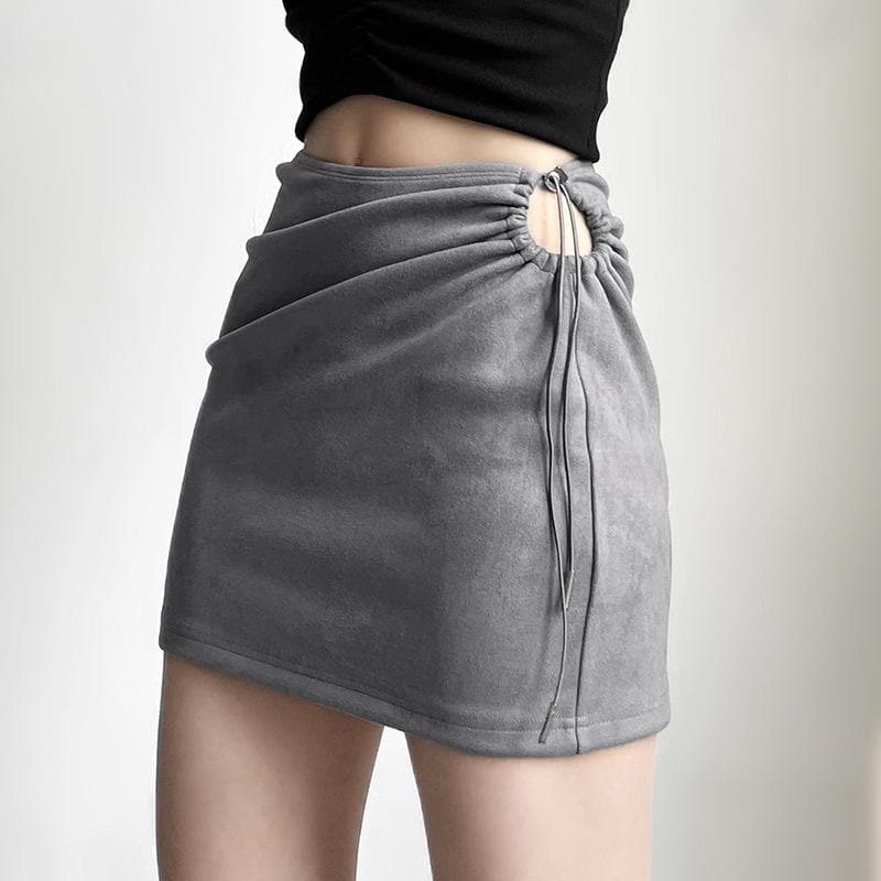 Drawstring irregular ruched solid mini skirt