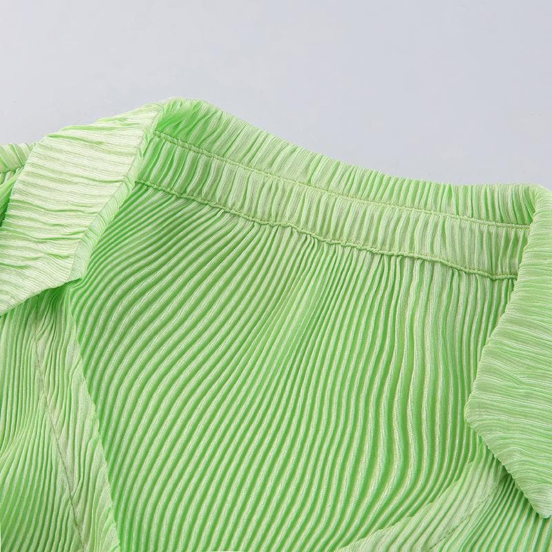 Turnover collar ribbed solid long sleeve ruffled button top - Final Sale