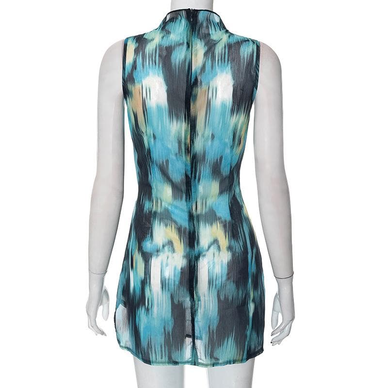 Ärmelloses Minikleid aus Chiffon mit hohem Kragen, Batikmuster und gerafftem Kontrast