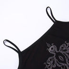 Beaded abstract u neck mesh ruffle cami crop top