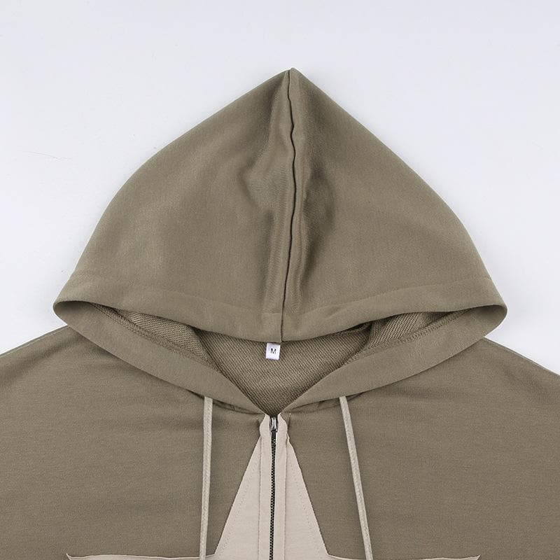 Stitch star patchwork drawstring pocket zip-up hoodie coat - Final Sale