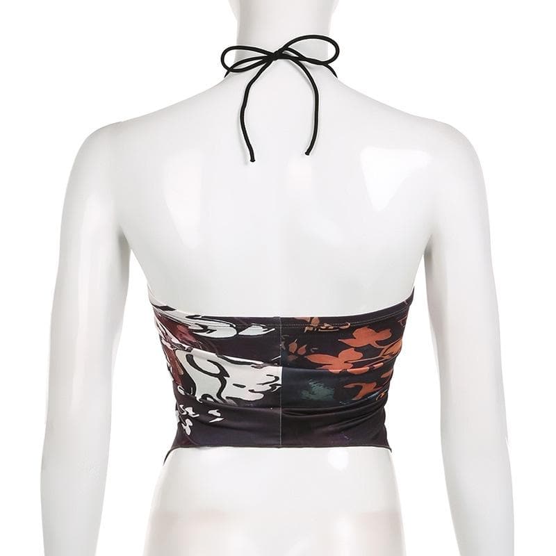 Halter self tie backless abstract contrast crop top