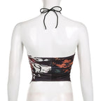 Halter self tie backless abstract contrast crop top