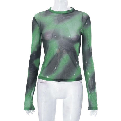 Maglia a rete trasparente con stampa tie-dye a maniche lunghe e scollo rotondo a contrasto 
