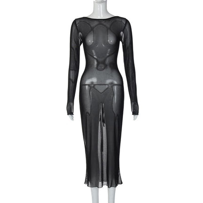 Transparentes, rückenfreies Midikleid aus transparentem Netzstoff mit langen Ärmeln und Selbstschnürung