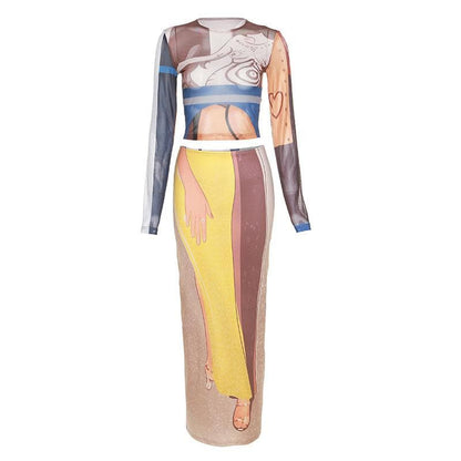 Sheer mesh see through abstract print contrast long sleeve maxi skirt set
