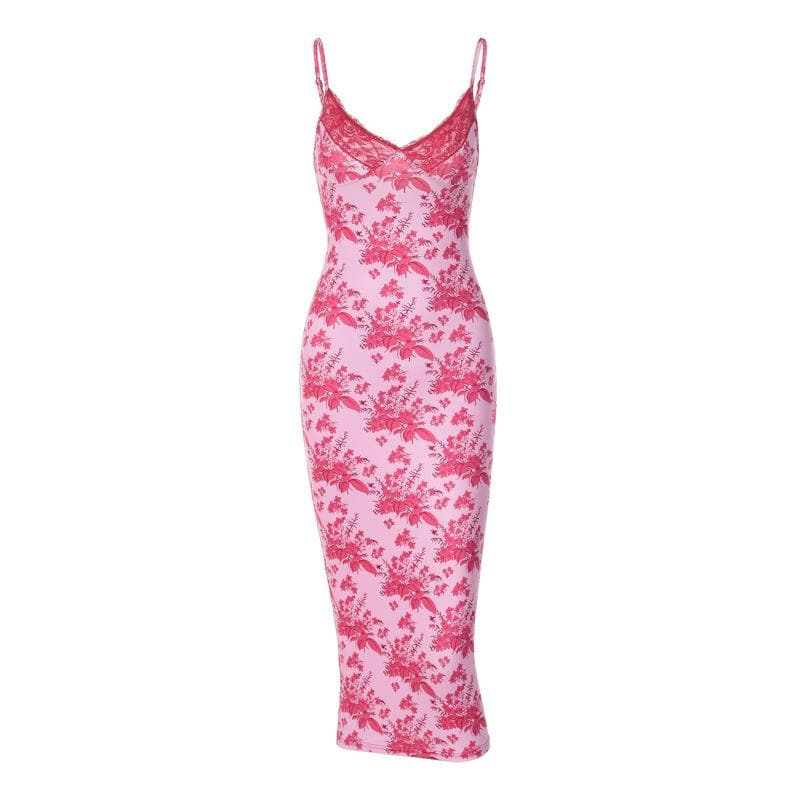 Rückenfreies Camisole-Midikleid mit Blumenmuster, Spitzensaum, V-Ausschnitt und Kontrast 