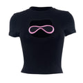 Hollow out embroidery contrast short sleeve crewneck crop top