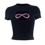 Hollow out embroidery contrast short sleeve crewneck crop top