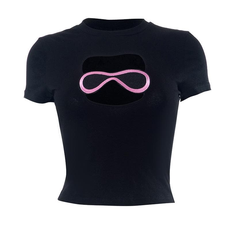 Crop-Top mit Rundhalsausschnitt und Stickerei in Kontrastfarbe, kurzärmlig 