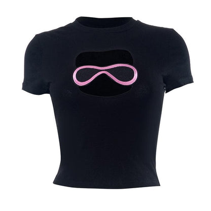 Crop-Top mit Rundhalsausschnitt und Stickerei in Kontrastfarbe, kurzärmlig 