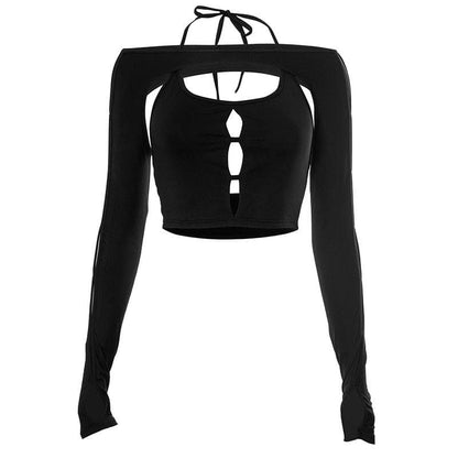 Ausgehöhltes, einfarbiges, langärmliges, selbstbindendes, rückenfreies Bolero-Oberteil mit Handschuhen 