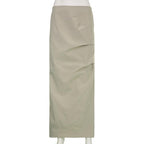 Ruched solid zip-up slit cargo maxi skirt