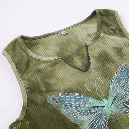 Ribbed tie dye butterfly pattern sleeveless notch neck ruffle crop top