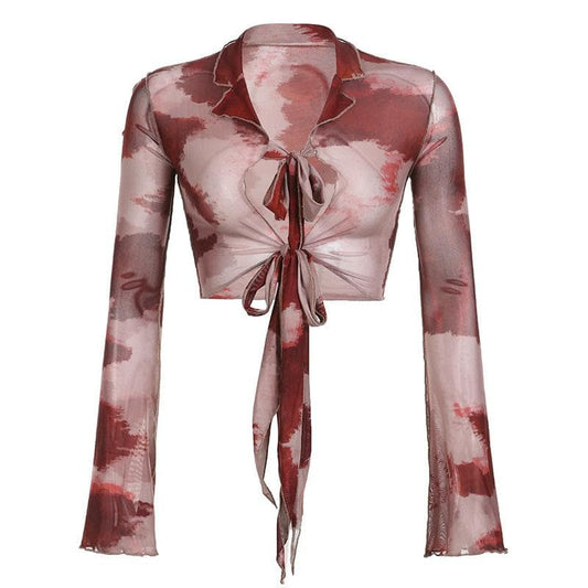 Top corto in rete trasparente con volant tie-dye a maniche lunghe e annodabile