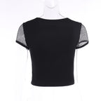 Short sleeve crewneck hollow out fishnet buckle solid top