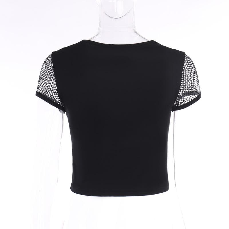 Short sleeve crewneck hollow out fishnet buckle solid top