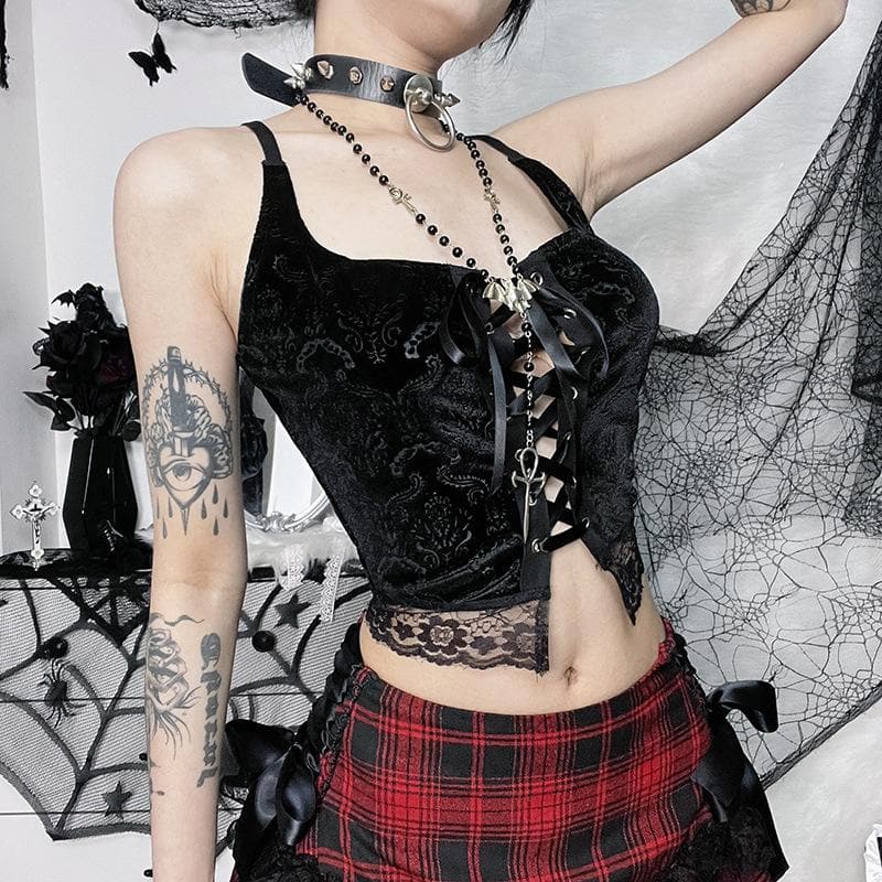 Lace up backless velvet lace hem square neck cami crop top
