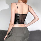 Mesh knotted PU leather patchwork halter solid v neck crop top