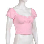 Ruched short sleeve contrast lace hem backless crop top