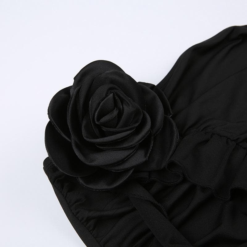 Solid flower applique ruffle ribbon ruched tube crop top