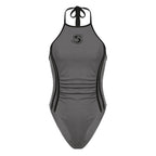 Halter self tie ruched backless "5" embroidery contrast bodysuit