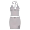 Buckle halter ruched slit v neck self tie backless mini skirt set