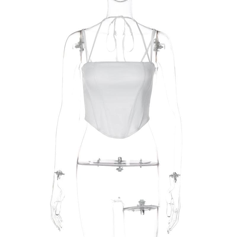 Halter zip-up solid backless self tie crop top