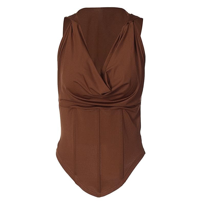 Hoodie sleeveless corset backless cowl neck solid top