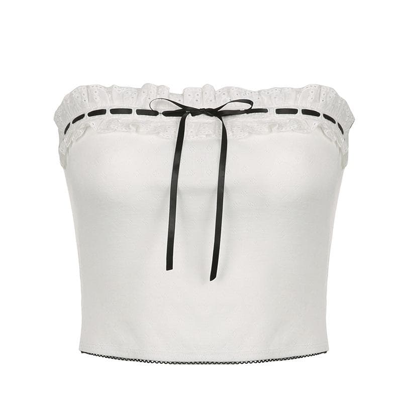 Contrast stitch lace hem self tie backless tube crop top