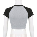 Ribbed patchwork star pattern contrast short sleeve crop top