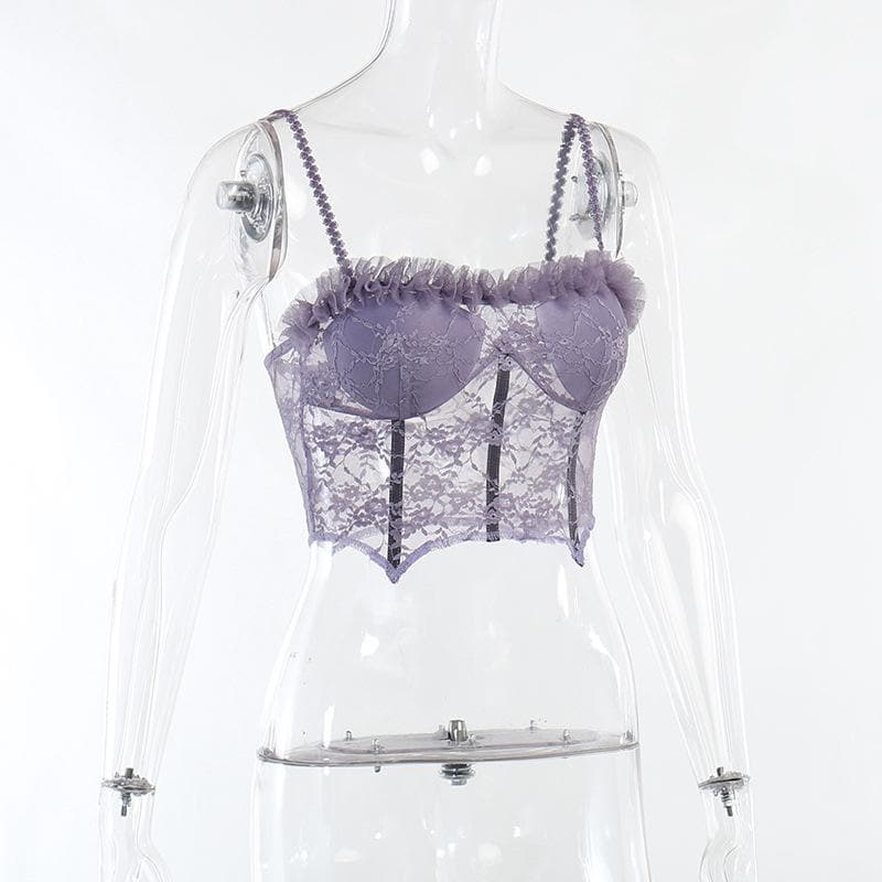 Backless lace bustier ruffle solid cami crop top