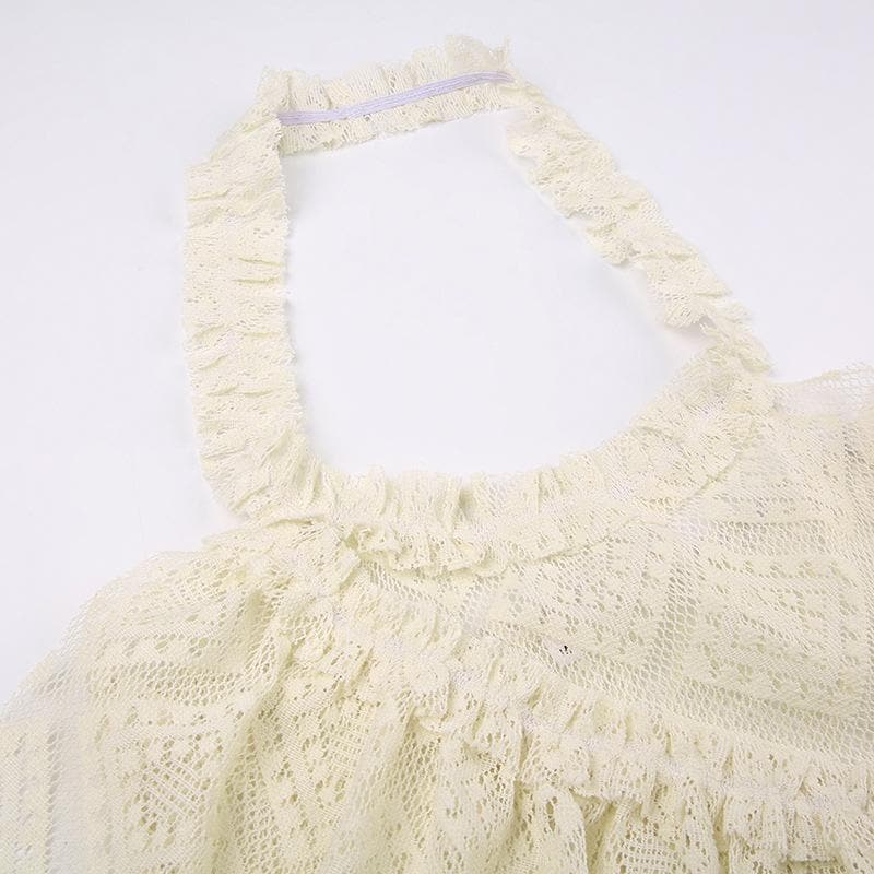 Halter irregular lace backless see through ruffle solid top