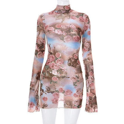 Flower print long sleeve slit sheer mesh see through high neck mini dress