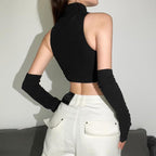 Sleeveless high neck hollow out solid gloves crop top
