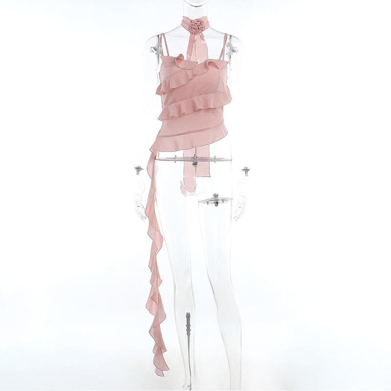 Smocked flower applique ruffle solid ribbon backless cami top