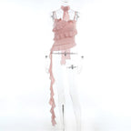 Smocked flower applique ruffle solid ribbon backless cami top