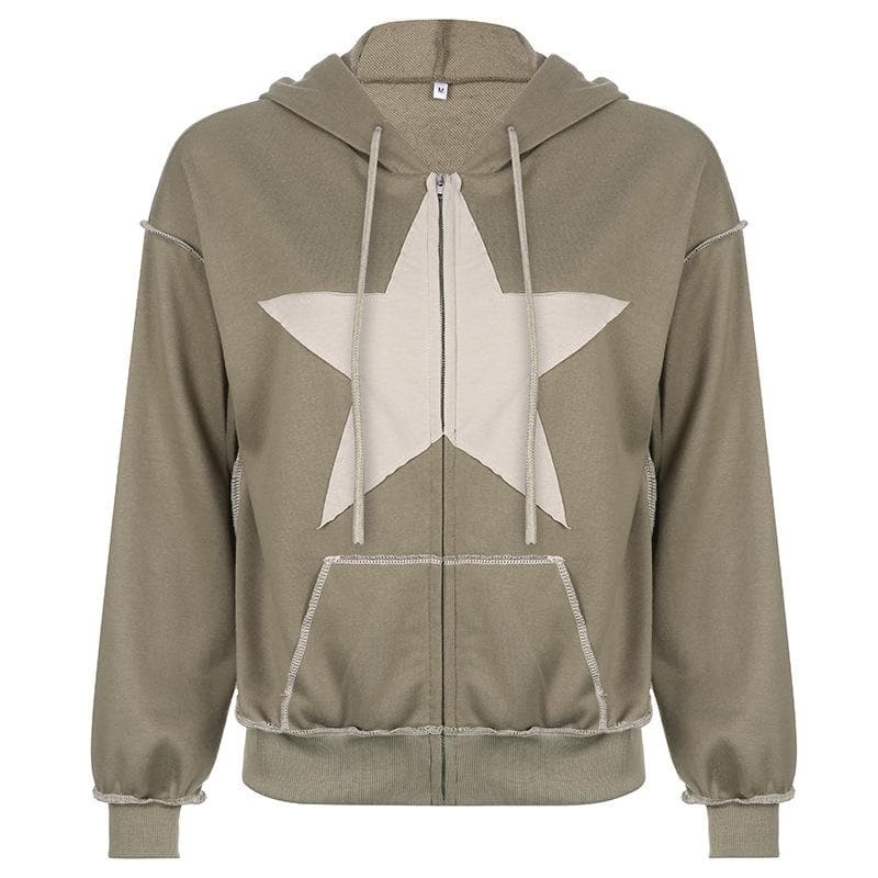 Stitch star patchwork drawstring pocket zip-up hoodie coat - Final Sale